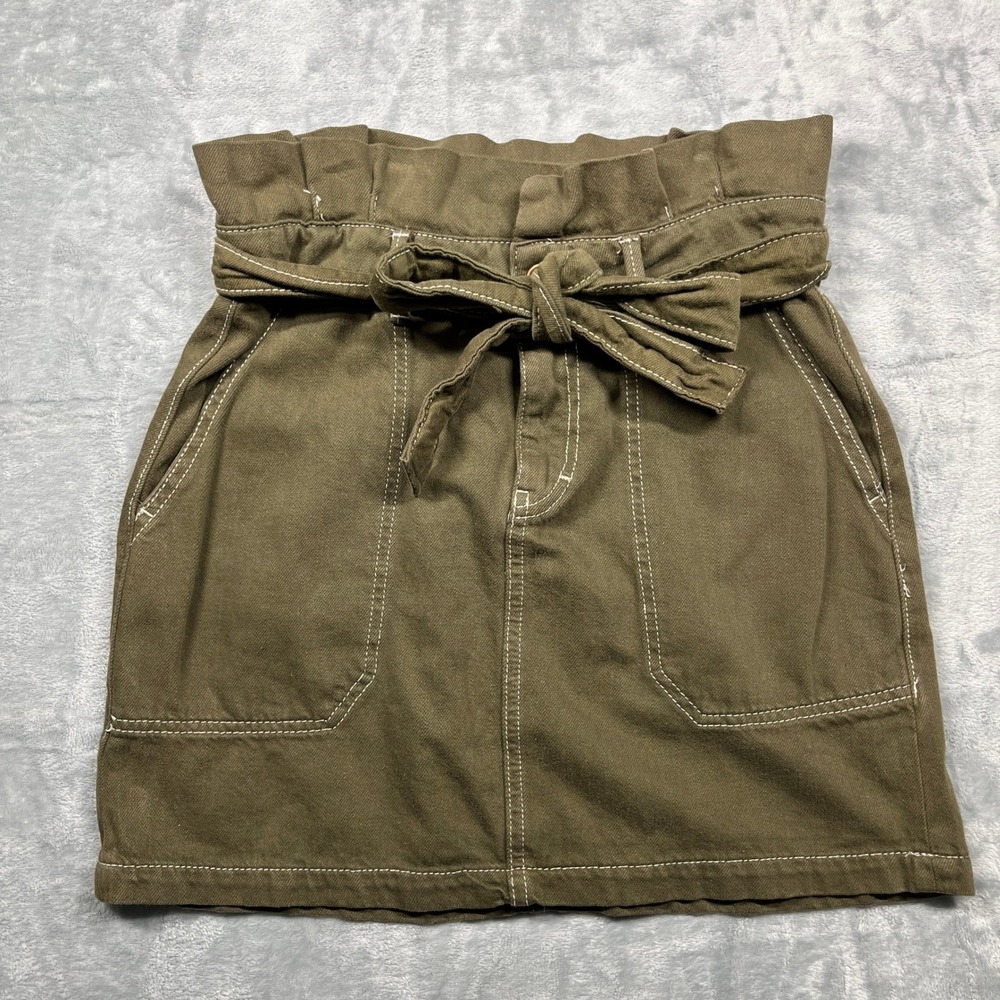 Free People Paperbag Waist Denim Skirt Olive Green Belted Utility Pockets Size 6